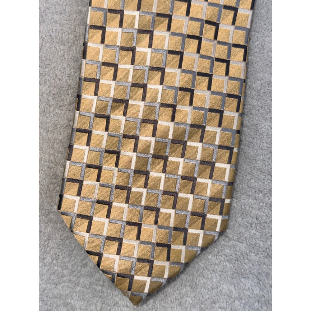 Alexander Julian Colours Silk Necktie Gold Grey Geometric Grid Classic Tie
